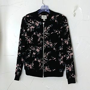 Lila Rose Floral Cherry‎ Blossom Black Bomber Jacket Zip Up Front Pockets…